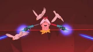 Serie de TV Final Space: Un hombre rubio con un traje espacial está boca abajo en el aire, disparando con dos pistolas y disparando láseres azules mientras tres pájaros blancos vuelan a su alrededor.