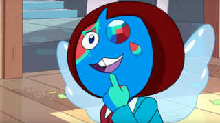 Steven Universe: The Future TV Series: En blå karakter sætter sin finger i ansigtet forundret.