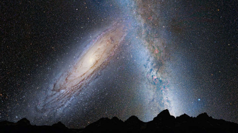 Illustrazione di un relitto di un treno cosmico: la collisione tra la Via Lattea e la galassia di Andromeda, tra quattro miliardi di anni. Crediti: NASA, ESA, Z. Levay e R. van der Marel (STScI), T. Hallas e A. Mellinger
