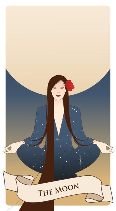 Cartas del Tarot de los Arcanos Mayores. La luna. Hermosa chica meditando en posición de loto y luna llena de fondo. Ropa de constelación, pelo largo y oscuro y flor roja en el pelo.