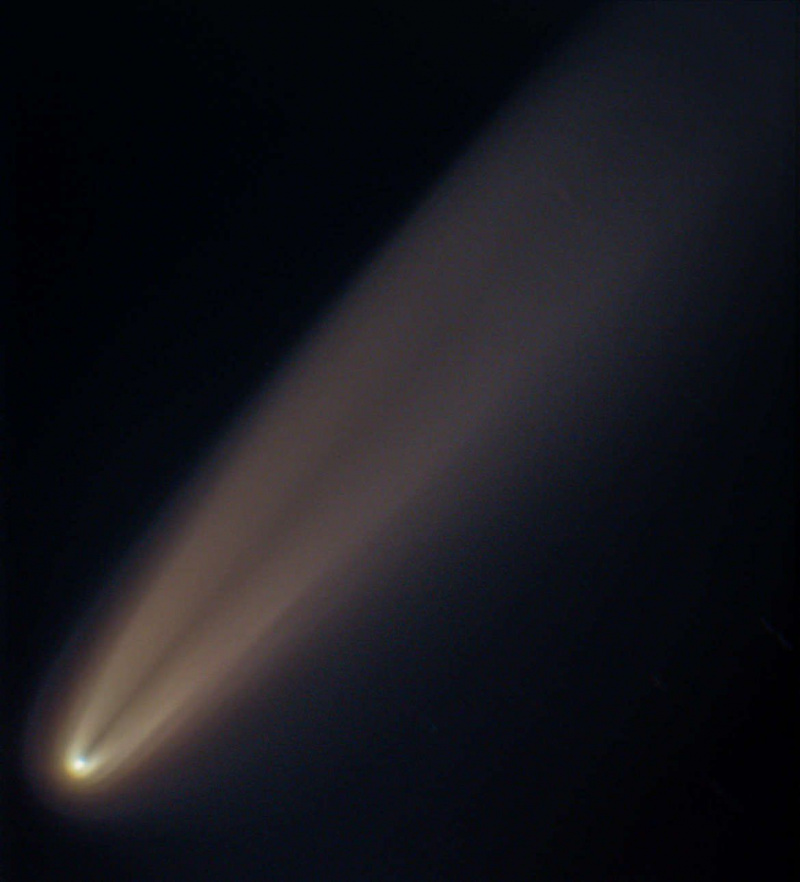 La comète C/2020 F3 (NEOWISE) prise avant le lever du soleil le 8 juillet 2020, prise à l'aide d'un télescope de 30 cm en Colombie-Britannique. Les multiples hottes qui l'entourent peuvent provenir de jets soufflant de la poussière de la surface de la comète, créée lorsque le noyau de la comète tourne.