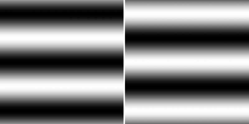 Duas manchas de Gabor com fases diferentes, uma com uma linha escura no meio e a outra com uma linha clara.