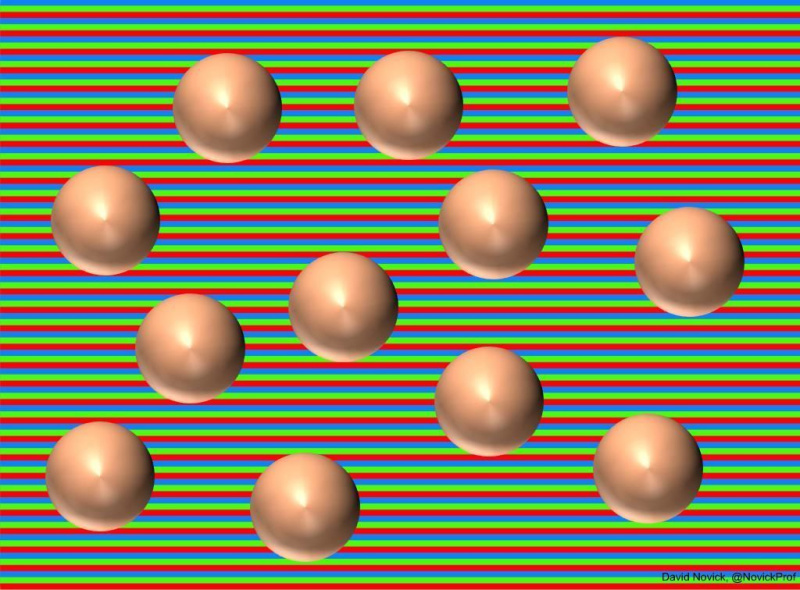 Rovnaká ilúzia, ale bez pruhov ukazuje, že loptičky sú všetky rovnaké. Kredit: David Novick, použitý so súhlasom