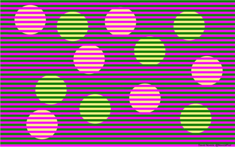 Um exemplo simples da ilusão de Munker-White, onde as cores que percebemos nos círculos são afetadas pelas listras; os círculos são da mesma cor. Crédito: David Novick, usado com permissão