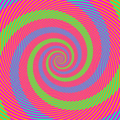 Úžasná farebná optická ilúzia: Modrá a zelená špirála majú rovnakú farbu, ale líšia sa v dôsledku odlišných kontrastných farebných pruhov. Kredit: Akiyoshi Kitaoka