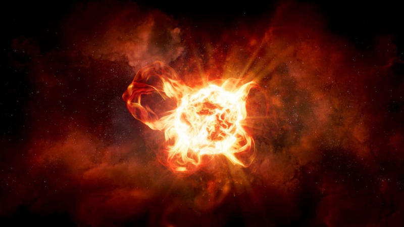 Kunstværker, der viser stjernen VY Canis Majoris, der udbryder enorme støvskyer. Kredit: NASA, ESA og R. Humphreys (University of Minnesota) og J. Olmstead (STScI)