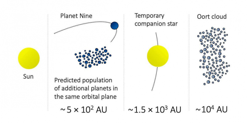 제안된 초기 태양계의 개략도: 행성 9는 태양에서 약 750억 km 떨어진 다른 많은 천체와 함께 궤도를 돌고 있으며, 두 번째 태양과 같은 별은 약 2,250억 km 떨어져 있으며, 얼음 물체의 오르트 구름이 있습니다.