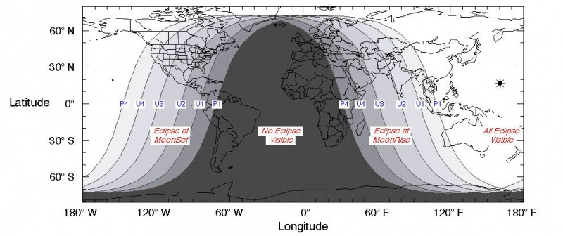 日食の可視性マップ。白い領域にはイベント全体が表示され、最も暗い領域には何も表示されません。ラベルは前の図で説明されています。クレジット：Fred Espenak