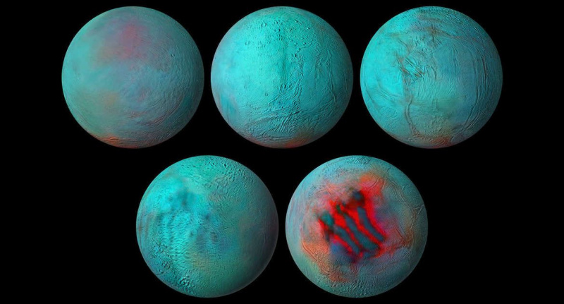 신선한 얼음(빨간색)을 보여주는 카시니의 토성 위성 엔셀라두스의 5가지 적외선 사진.
