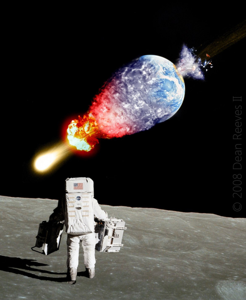 kunstwerk van astronaut op de maan die kijkt naar de vernietiging van de aarde