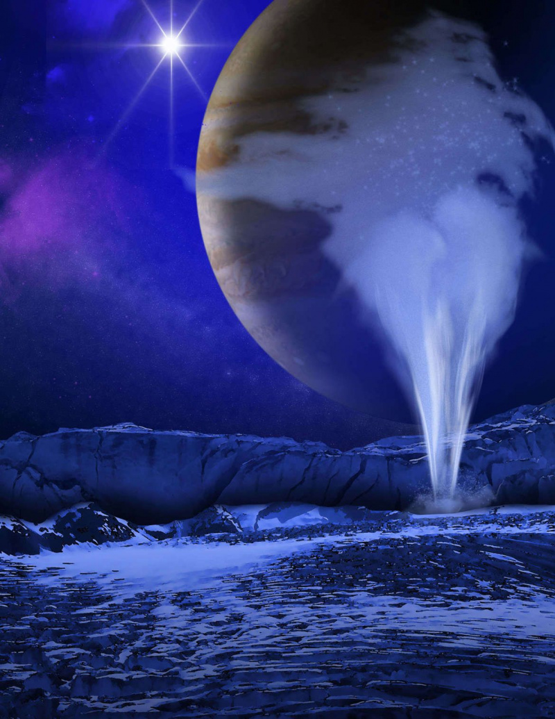 Immagine della NASA di un pennacchio di vapore acqueo su Europa
