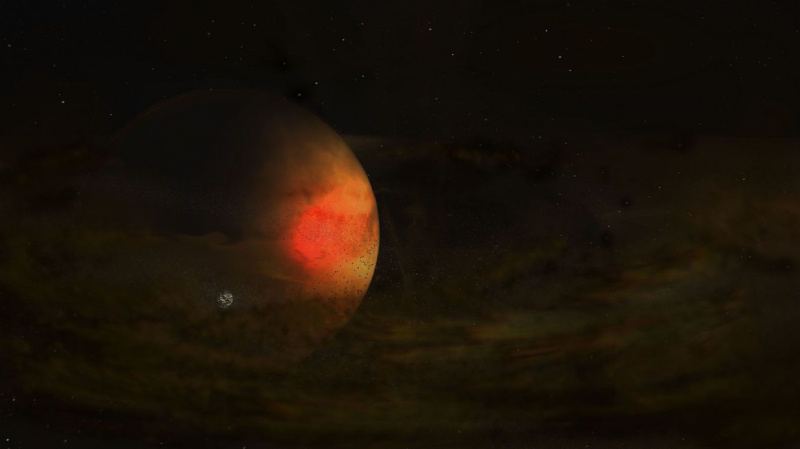 Έργα τέχνης που απεικονίζουν τον κυκλικό πλανητικό δακτύλιο σκόνης γύρω από το PDS 70c και ένα πιθανό φεγγάρι που σχηματίζεται εκεί. Πίστωση: NRAO/AUI/NSF, S. Dagnello