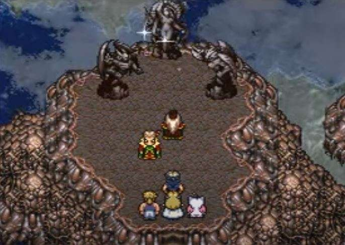 Uma imagem de um grupo de aventuras de Final Fantasy em frente a três estátuas