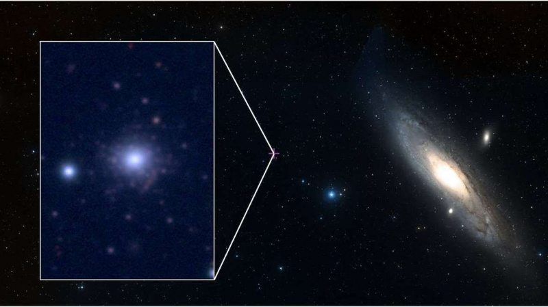 Rutulinis spiečius RBC EXT8 (įterptas, kairėje) skrieja aplink Andromedos galaktiką (dešinėje) ir gali būti vienas seniausių žinomų tokių spiečių. Kreditas: ESASky ir CFHT