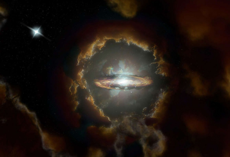 Mākslas darbs, kurā attēlota Volfu galaktika - masīva diska galaktika, kas līdzīga Piena ceļam un kas jau bija labi izveidojusies, kad Visumam bija 1,5 miljardi gadu. Kredīts: NRAO/AUI/NSF, S. Dagnello