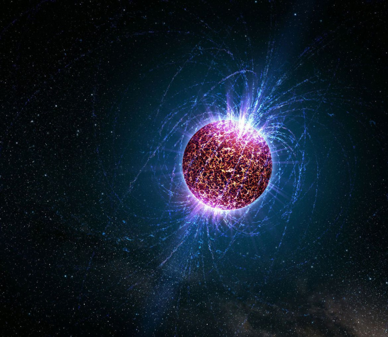 Taideteos, joka kuvaa neutronitähteä ympäröivää magneettikenttää. Luotto: Casey Reed / Penn State University