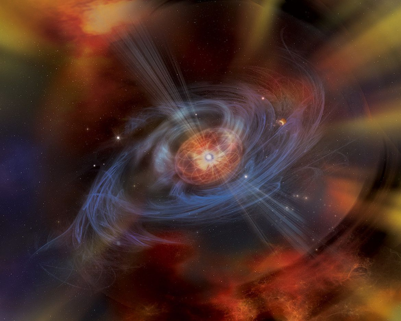 Въртяща се неутронна звезда с мощно магнитно поле размахва субатомни частици около себе си. Кредит за произведения на изкуството: NASA / Swift / Aurore Simonnet, Sonoma State University