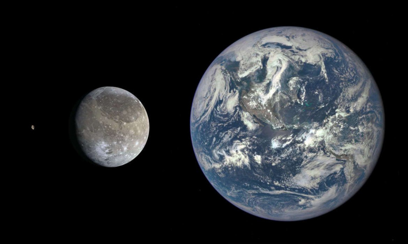 Земља (десно), Ганимед (у средини) и Хиперион (лево, стојећи на месту ударца) у скали. Заслуге: НАСА / НОАА / ДСЦОВР, НАСА / ЈПЛ-Цалтецх / Емили Лакдавалла, НАСА / ЈПЛ / ССИ / Гордан Угарковић
