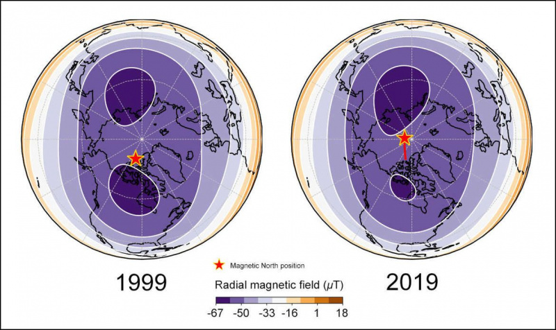 Der magnetische Klecks unter Kanada und ein weiterer unter Sibirien kämpfen um die Position des geomagnetischen Pols der Erde. 1999 (links) begann sich der unter Kanada radial zu verlängern (kontrahiert über die Erdoberfläche), schwächte ihn und bis 2019 (rechts)