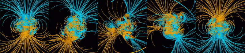 Ακολουθία που δείχνει ένα φυσικό μοντέλο μαγνητικής αντιστροφής, όπου μπλε και κίτρινες γραμμές αντιπροσωπεύουν μαγνητική ροή προς και μακριά από τη Γη, αντίστοιχα. Το πεδίο μπερδεύεται και χάος κατά τη διάρκεια μιας αναστροφής πριν εγκατασταθεί ξανά