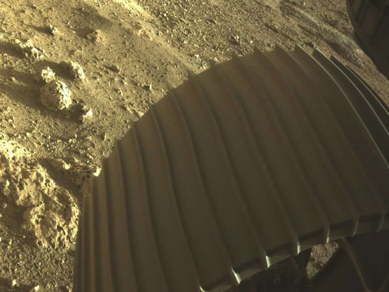 Een van de wielen van de Perseverance rover, in kleur te zien op Mars. Let op de rotsen eromheen; wetenschappers zijn erg benieuwd of ze van vulkanische of sedimentaire oorsprong zijn. Krediet: NASA/JPL-Caltech