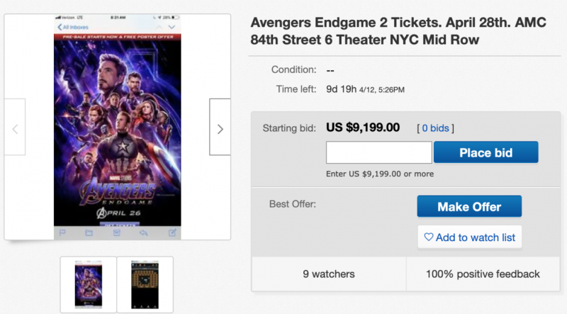 La gente está tratando de vender boletos de Avengers: Endgame por cientos de dólares en eBay