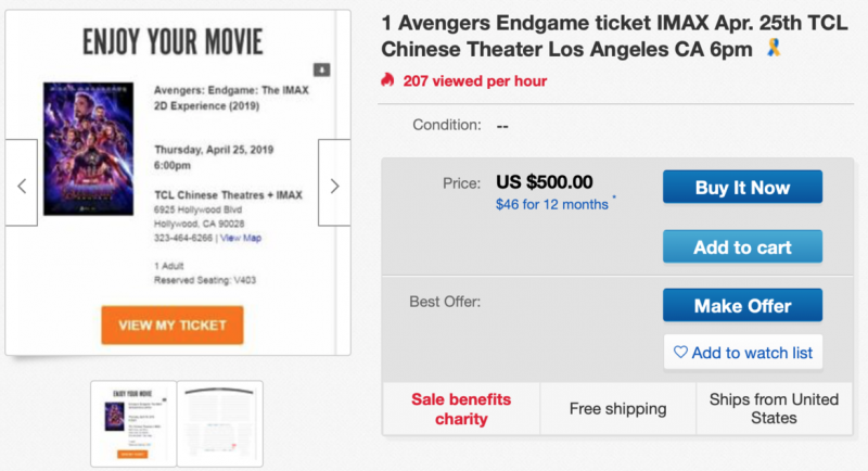 Avengers : billets Endgame sur eBay