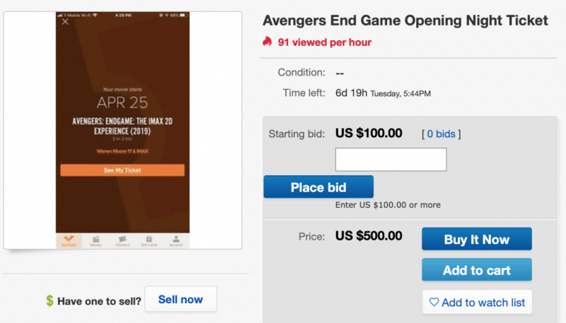 Vingadores: ingressos do Endgame no eBay