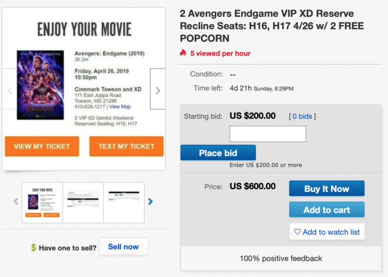 Vingadores: ingressos do Endgame no eBay