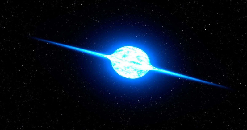 Obra de arte que muestra una estrella que gira tan rápidamente que se aplana u achata y arroja material lejos de su ecuador. Crédito: NASA, ESA y G. Bacon (STScI)