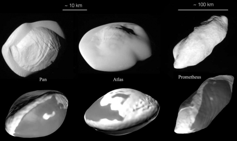 Равиолите на Сатурн и спътниковите луни Атлас, Пан и Прометей (горен ред) и модели на техните форми въз основа на сблъсъци (отдолу). Кредит: НАСА/JPL-Калтех/Институт за космически науки/Университет в Берн