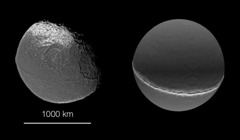 Касини изображение на ореховата луна Япет (вляво) и негов модел, базиран на сблъсъци между по-малки луни, възпроизвеждащи странния и огромен екваториален хребет. Кредит: НАСА/JPL-Калтех/Институт за космически науки/Университет в Берн