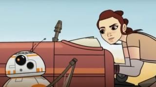 En animeret karakter kører på et lille rumfartøj, mens du taler med en droid med på turen.