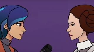 To animerede unge kvinder ser alvorligt på hinanden mod en lilla baggrund.