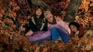 Alexa & Katie Series: Три тийнейджърки се сгушват на голямо дърво с цветни есенни листа; момичетата са под одеяло и две от трите изглежда спят.