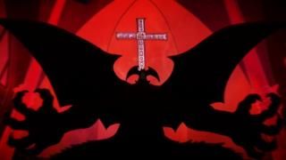 „Devilman Crybaby“ televizijos laida: animaciniame vaizde priešais kryžių siluetu rodoma į velnią panaši būtybė.