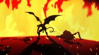 „Devilman Crybaby“ televizijos laida: prieš ugningą kraštovaizdį siluetu rodoma būtybė su sparnais.