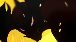 „Devilman Crybaby“ televizijos laida: šioje animacinėje kameroje iš arti rodomas juodas velnio pavidalo padaras rausvomis akimis.