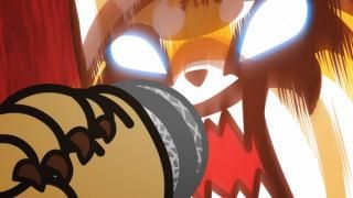 CAggretsuko-serien: tab af et animeret ansigt viser en rød panda, der skriger ind i en mikrofon med glødende hvide øjne.