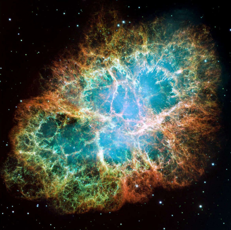 Krabia hmlovina, expandujúce úlomky po výbuchu supernovy, sa nachádza asi 6 500 svetelných rokov od Zeme. Poďakovanie: NASA, ESA, J. Hester a A. Loll (Arizona State University)