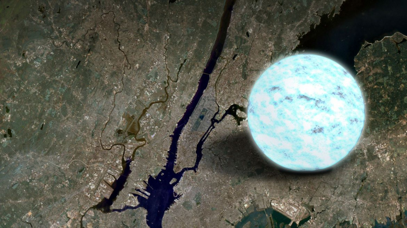 Una stella di neutroni è incredibilmente piccola e densa, compattando la massa del Sole in una palla di pochi chilometri di diametro. Questa opera d'arte ne raffigura uno rispetto a Manhattan. Credito: NASA
