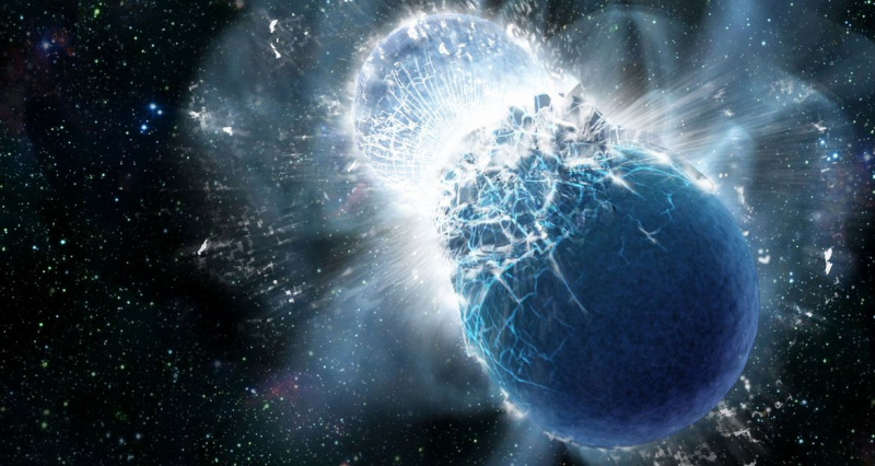 Произведение, изобразяващо момента на сблъсък между две неутронни звезди. Получената експлозия е ... доста голяма. Кредит: Дана Бери, SkyWorks Digital, Inc.