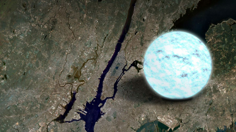 En nøytronstjerne er utrolig liten og tett, og pakker solmassen til en ball bare noen få kilometer på tvers. Dette kunstverket skildrer en sammenlignet med Manhattan. Kreditt: NASA