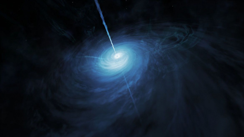 Kvazaro, galaktikos su medžiaga, besisukančia aplink centrinę didžiulę juodąją skylę, meno kūrinys ir sprogdinantis du materijos ir energijos spindulius. Kreditas: ESA/Hablas, NASA, M. Kornmesser
