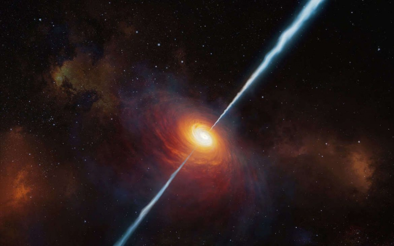 Mākslas darbs, kas attēlo tālu kvazāru, aktīvi barojošu supermasīvu melno caurumu galaktikas centrā, izspiežot matērijas un enerģijas strūklas. Kredīts: ESO/M. Kornmessers