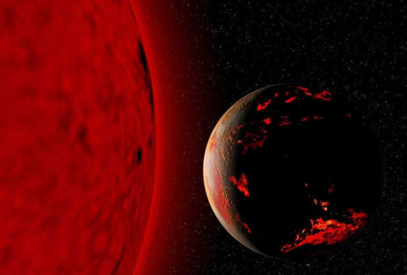 Obra de arte retratando a Terra cozida pelo Sol quando se torna uma gigante vermelha ... desde que não seja engolfada conforme o Sol se expande. Crédito: Wikimedia commons / fsgregs
