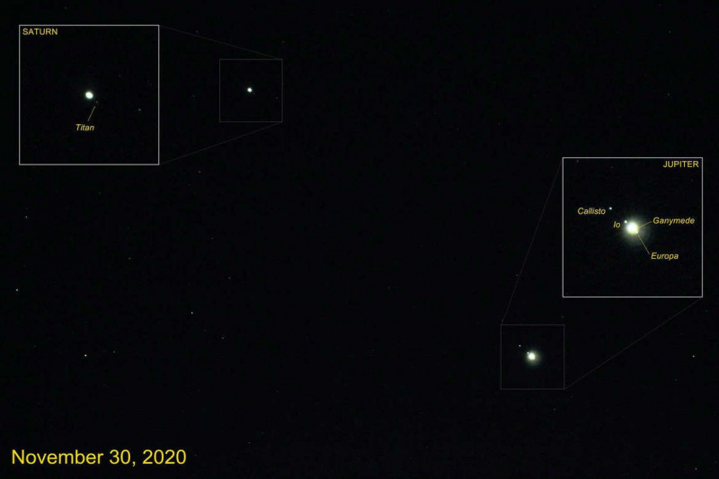 Saturn und Jupiter am 30. November 2020, als sie noch etwas mehr als 2° auseinander lagen. Bildnachweis: Giuseppe Donatiello / CC0 1.0 Universal (CC0 1.0) Public Domain Widmung