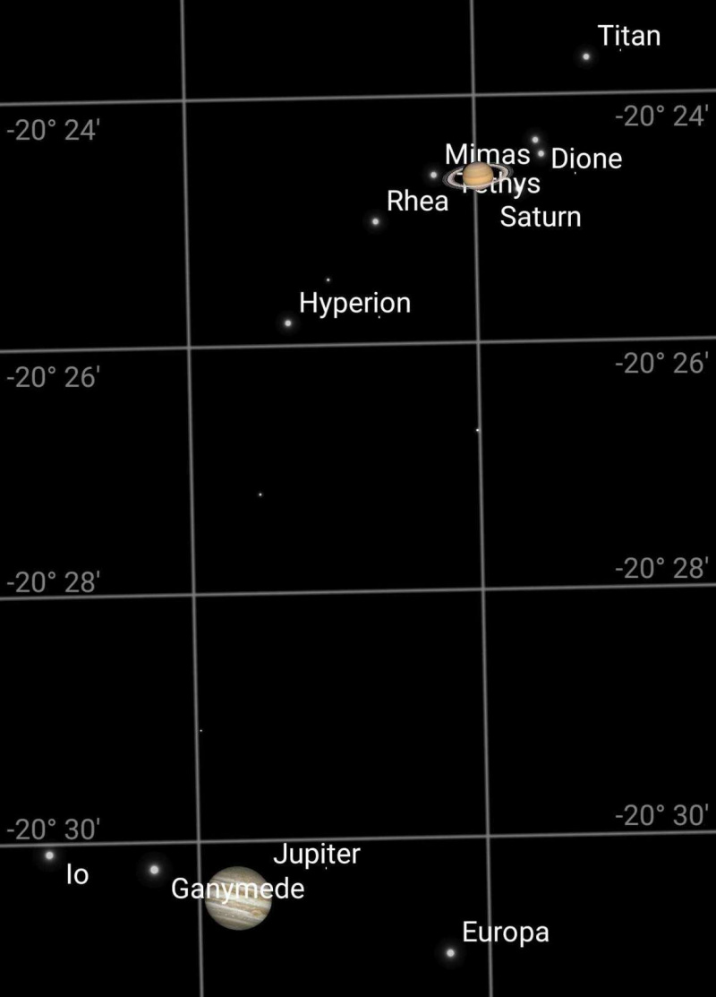 Konjunkcija Jupitra in Saturna, ki jo prikazuje aplikacija Sky Safari, prikazuje dva planeta (in njuni luni), ko sta narazen le 6 ločnih minut. Ta posnema pogled skozi majhen teleskop. Zasluge: Sky Safari