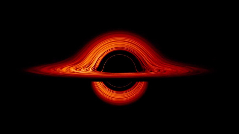 Een simulatie van hoe een zwart gat met een schijf van gas eromheen eruit zou zien, gezien de bizarre effecten van zijn felle zwaartekracht op het licht van de schijf. Krediet: NASA's Goddard Space Flight Center/Jeremy Schnittman