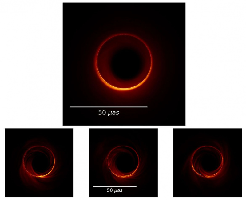Een simulatie van hoe het zwarte gat in het centrum van het sterrenstelsel M87 eruit zou zien als het licht eromheen buigt. Onder: Snapshots van het licht rond het zwarte gat op verschillende tijdstippen. Boven: Een samenstelling van alle snapshots bij elkaar opgeteld.